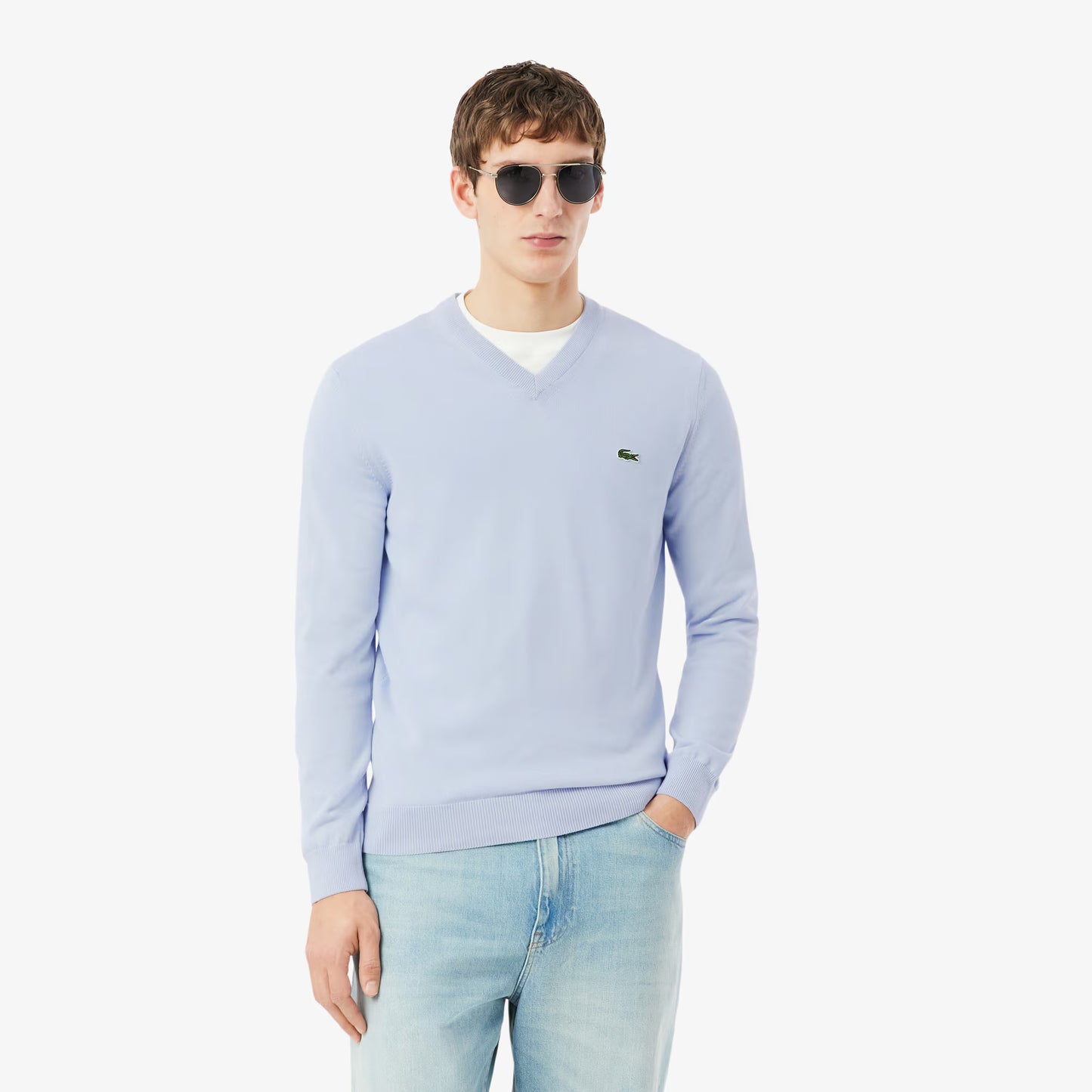 Monochromer Baumwoll-V-Ausschnitt-Pullover