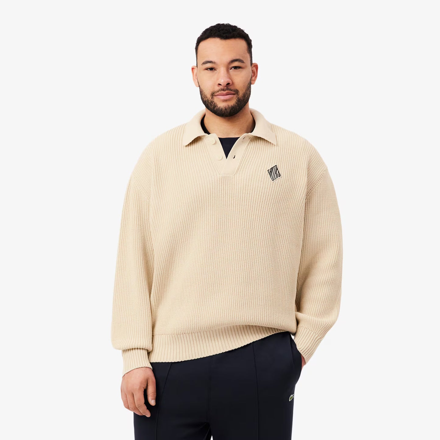 Badge Accent Pearl Rib Polo Collar Sweater