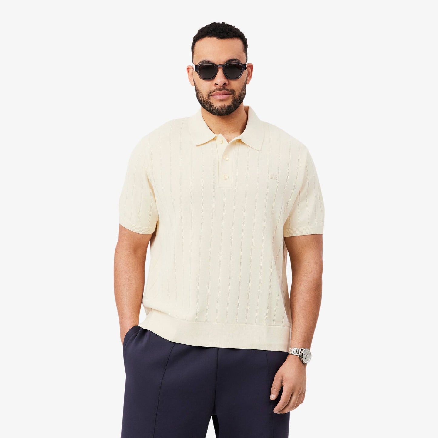 Fluid Ribbed Knit Polo Collar Sweater