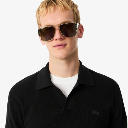 Cotton Blend Open Polo Collar Sweater