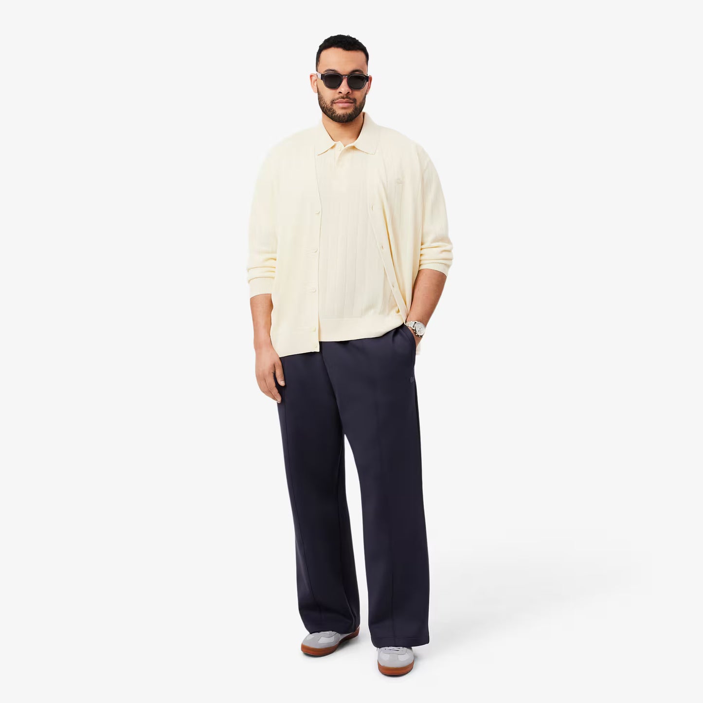 Fluid Ribbed Knit Polo Collar Sweater