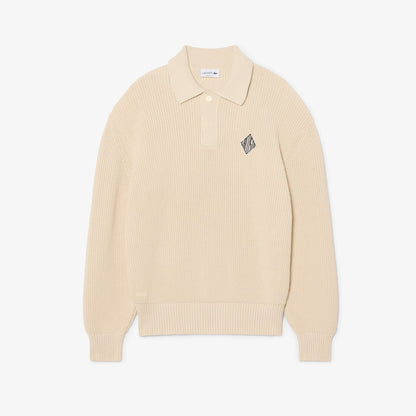 Badge Accent Pearl Rib Polo Collar Sweater