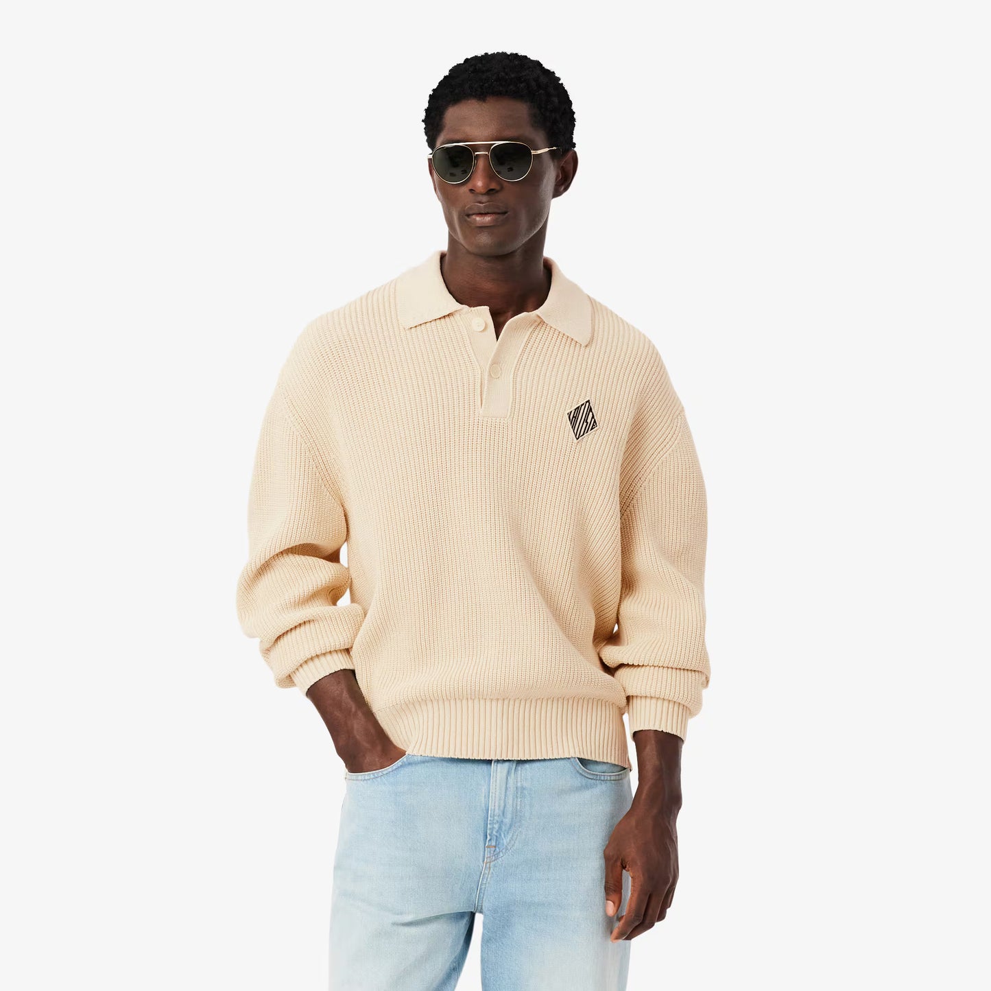 Badge Accent Pearl Rib Polo Collar Sweater